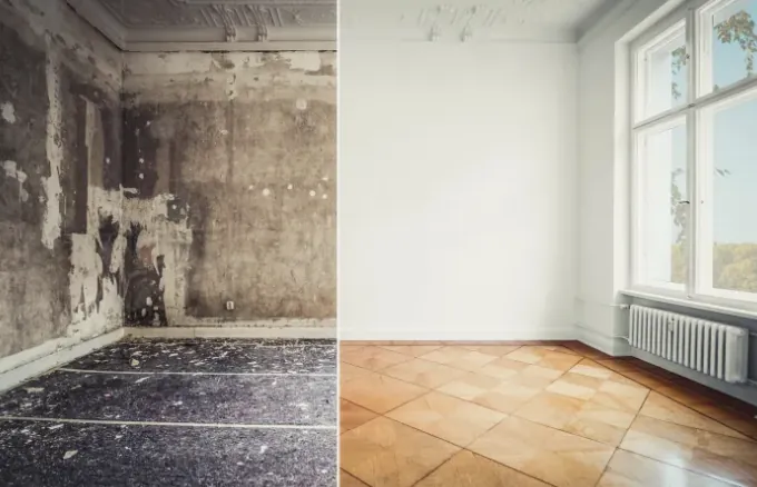 Room corner with ornate ceiling moulding shown before repairs and after, with a new parquet floor
